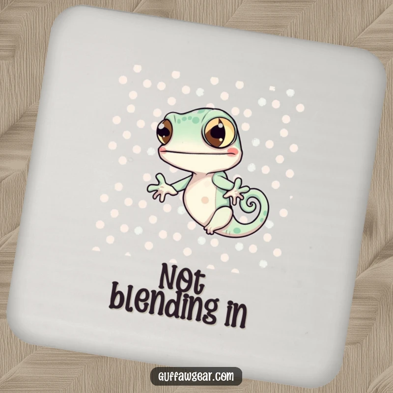 Funny Chameleon Pattern Coaster: A chameleon comically fails to blend with polka dots, a humorous coaster to protect surfaces.