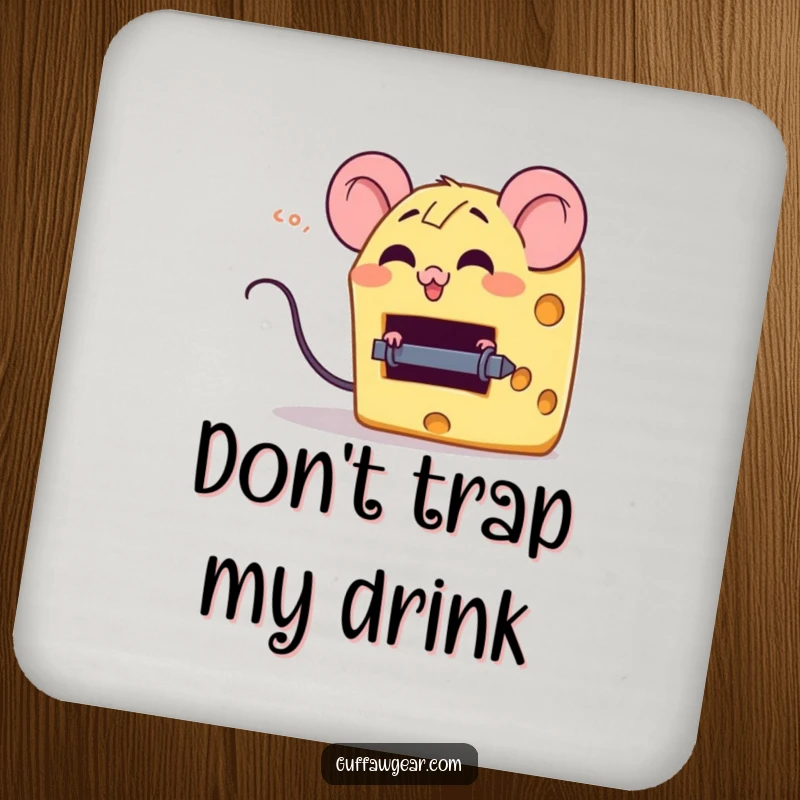 Funny drink coaster featuring a giggling cheese wedge character escaping a tiny mouse trap, adding a humorous and playful touch.