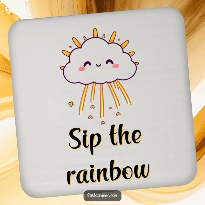 Funny Cloud Coaster: A happy cloud character raining tiny rainbows onto a grumpy sun, protecting surfaces with humor.
