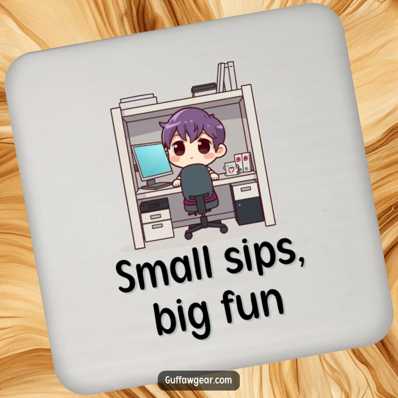 Funny cubicle confinement drink coasters, depicting a character cramped in a tiny space, ideal for protecting surfaces with office humor.