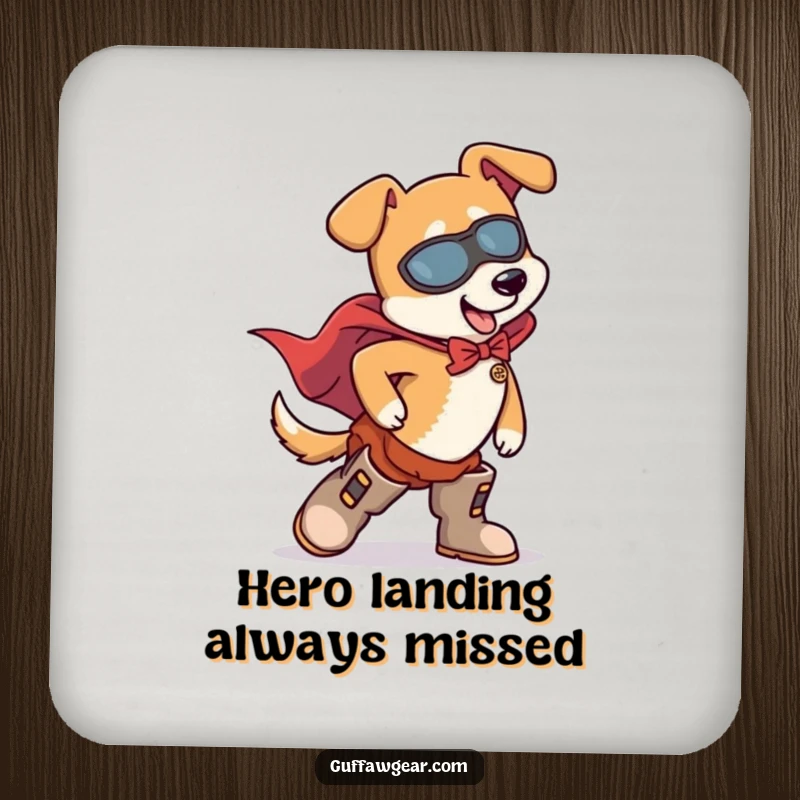Funny Dog Superhero Coaster: A humorous illustration of a dog in a cape tripping over its oversized boots.
