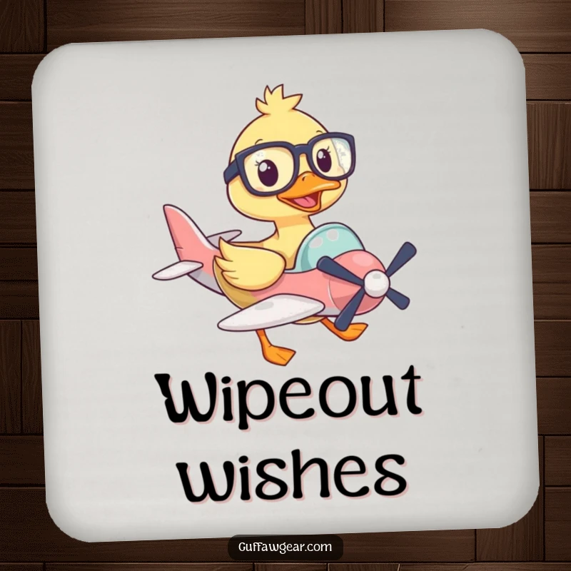 Funny drink coaster featuring a duck in oversized glasses piloting a tiny plane, perfect for protecting surfaces with humor.