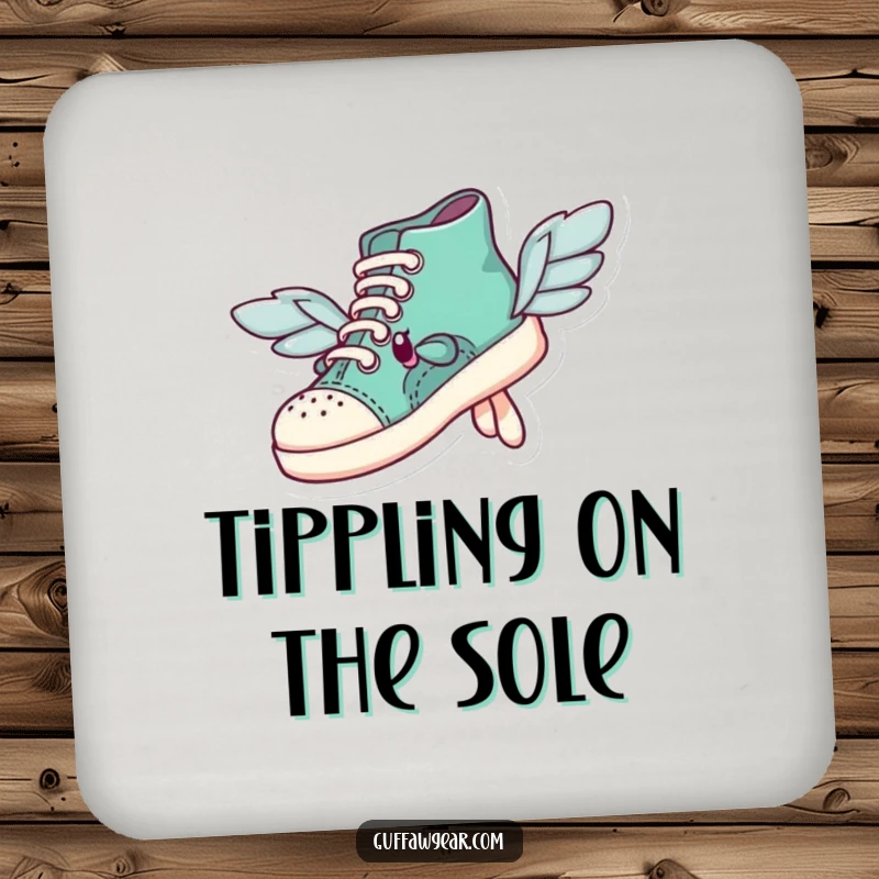 Funny shoe character with mismatched wings comically attempting flight on a drink coaster, adding a touch of ambitious charm.