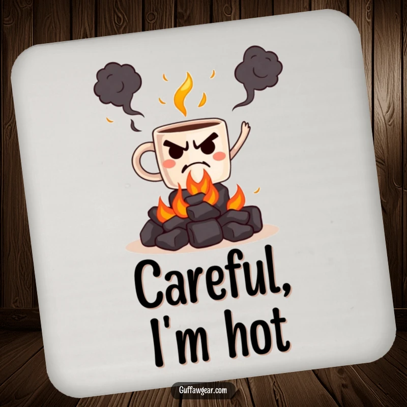 Funny drink coaster depicting a grumpy coffee mug juggling hot coals, a humorous and protective addition to tabletops.
