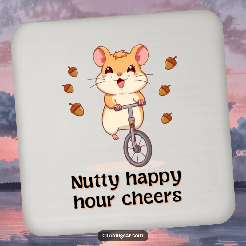 Funny Hamster Coaster: A humorous illustration of a hamster riding a unicycle and juggling acorns.