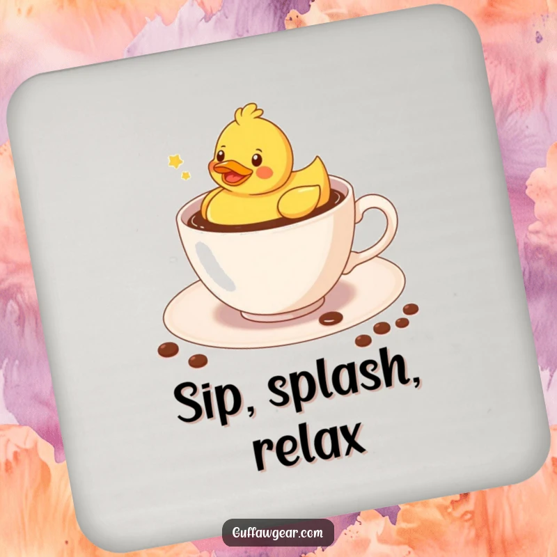 Funny Kawaii rubber duck floating merrily in a coffee-filled teacup, a humorous drink coaster for tables.