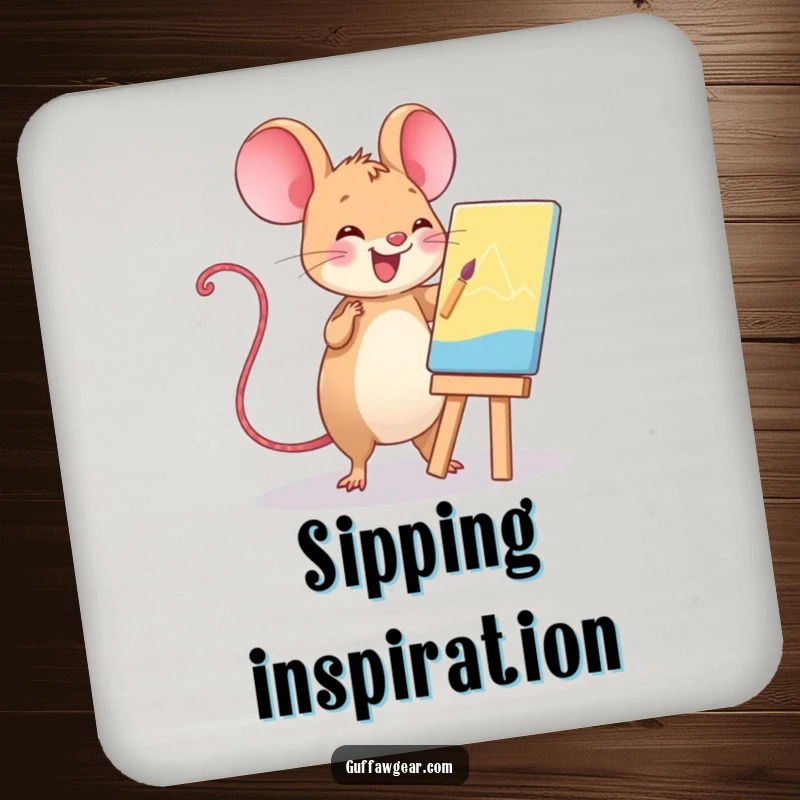 Funny Kawaii computer mouse painting a masterpiece, a humorous drink coaster for tables.