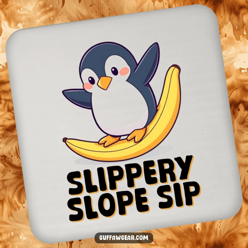 Funny drink coaster featuring a penguin dramatically slipping on a banana peel, adding slapstick humor to any table.