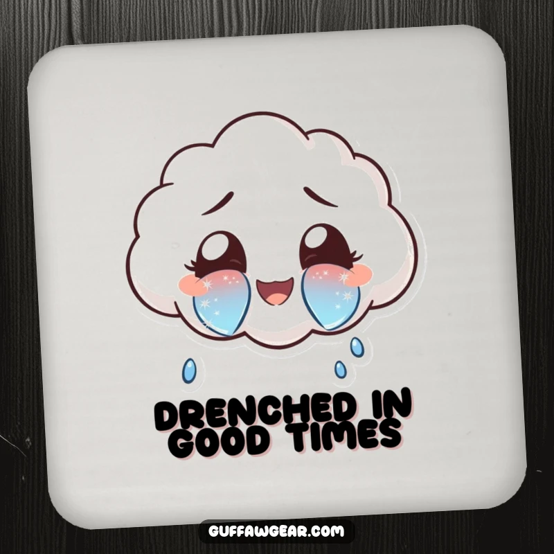Funny cloud character crying oversized, sparkly tears of joy on a drink coaster, adding a touch of cheerful protection.