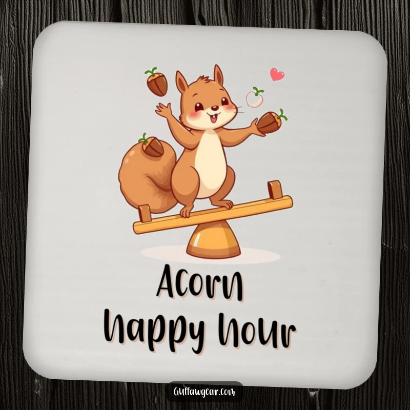 Funny drink coaster featuring a squirrel juggling acorns while balancing on a teeter-totter, adding humor to any table.