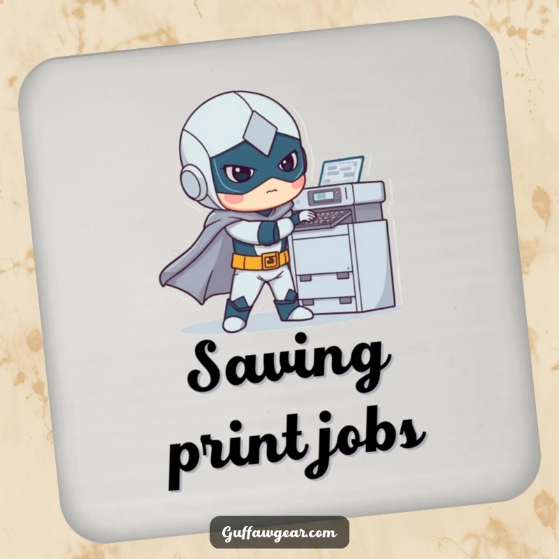 Funny drink coaster depicting a superhero awkwardly trying to fix a printer, a humorous accessory for tables.
