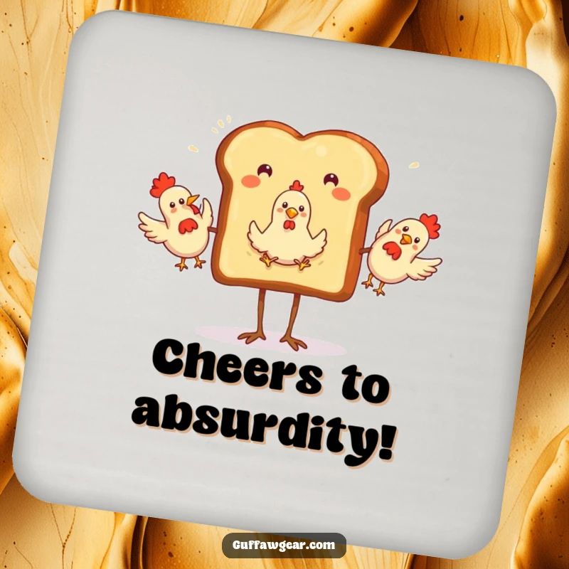 Funny Drink Coasters set with a toast slice on legs, hilariously juggling rubber chickens, adding a whimsical touch to any table.