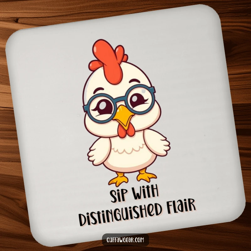 Funny rubber chicken with a monocle comically winking, displayed on a functional and humorous drink coaster.