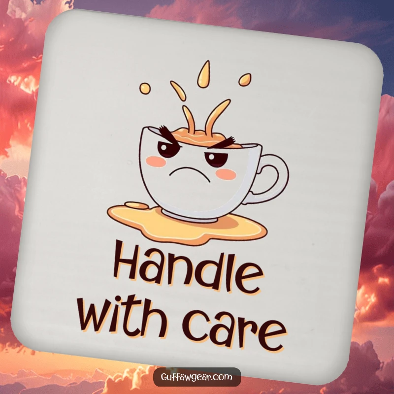 Funny Coaster with a grumpy teacup spilling its contents and a comical frown, protecting surfaces humorously.