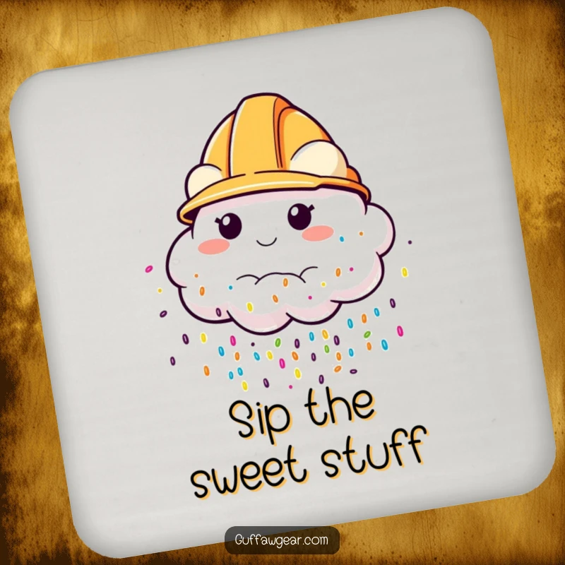 Funny Drink Coasters set with a cloud wearing a construction helmet, raining colorful sprinkles, adding a whimsical and sweet touch to any table.
