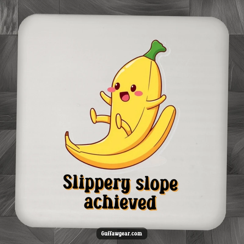 Funny drink coaster with a food character comically slipping on a banana peel, legs flailing, a humorous item to protect your furniture.