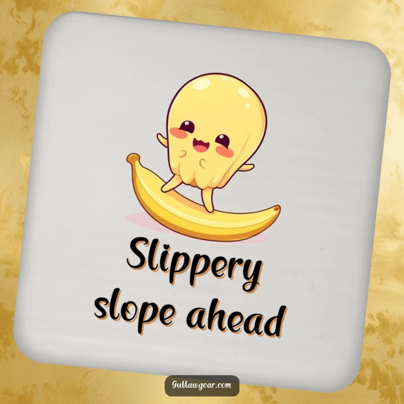 Funny drink coaster with a wobbly jelly character hilariously slipping on a tiny banana peel, guarding surfaces with silliness.