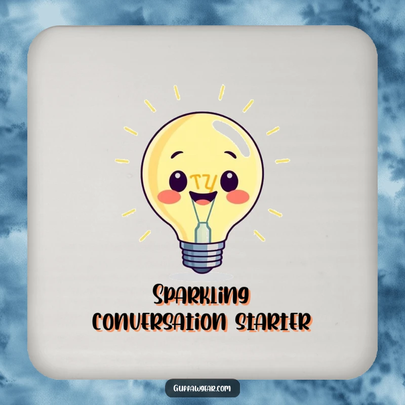 Funny drink coaster featuring a beaming lightbulb character with an oversized filament, adding a humorous and inventive touch.