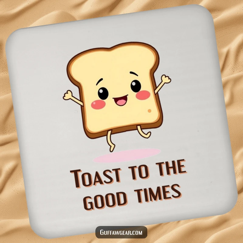 Funny slice of toast with legs doing a frantic dance on a drink coaster, designed to add playful breakfast vibes.