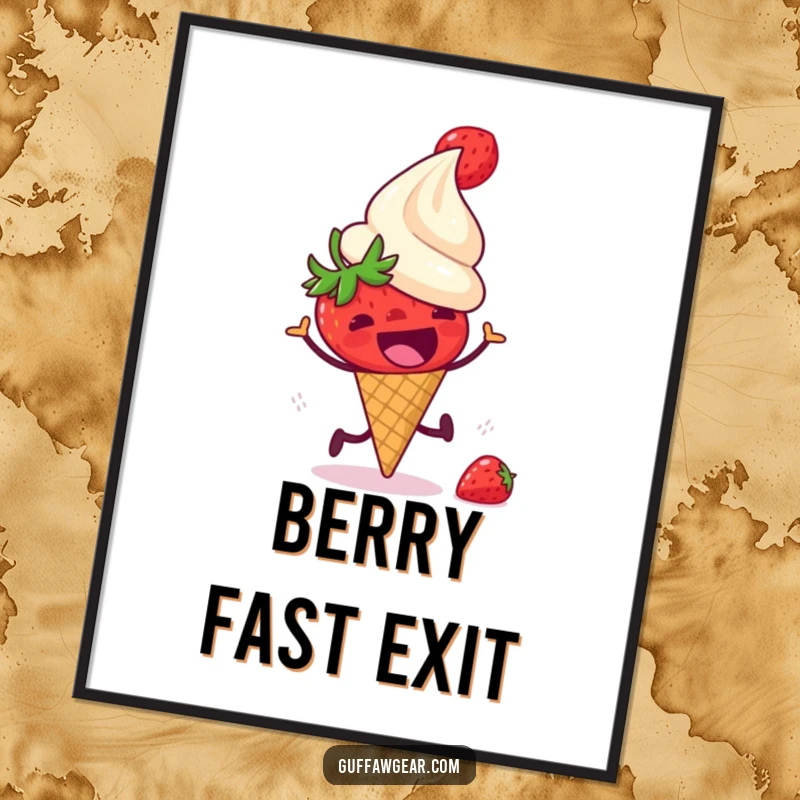 Funny poster of a startled strawberry running from a laughing ice cream cone, creating humorous wall art that depicts a comical food chase.