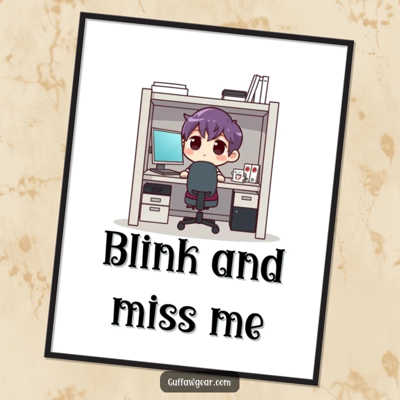 Funny cubicle confinement poster, depicting a character comically crammed into a tiny workspace, adding humor to office decor.