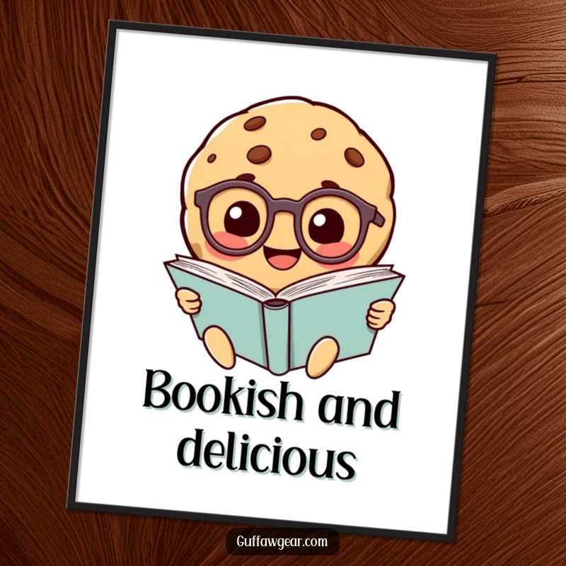 Funny smiling cookie character wearing tiny glasses, reading a giant book, presented as a vibrant poster.