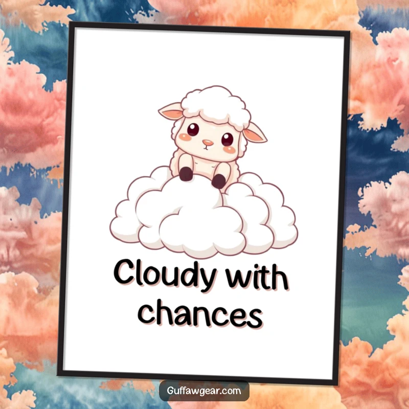 Funny poster print of a sheep making a dramatic, comical fall into a pile of soft, fluffy clouds, adding whimsical art.