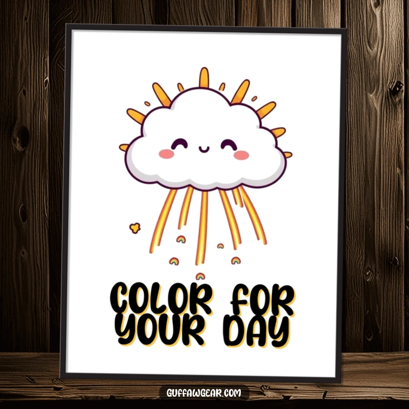 Funny Cloud Poster: A happy cloud character raining tiny rainbows onto a grumpy sun, adding cheerful decor.