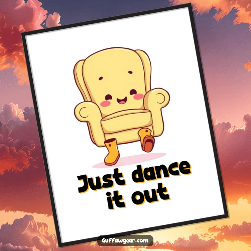 Funny poster depicting a jubilant armchair character in boots, captured mid-clumsy jig, radiating an infectious and silly dance energy.