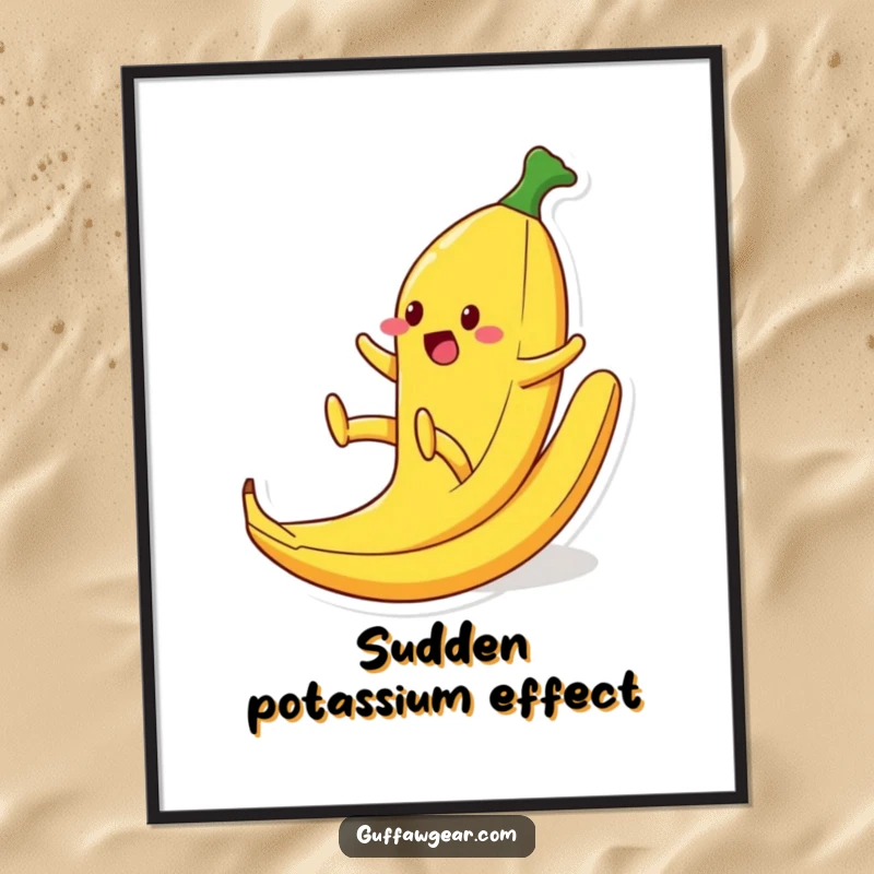 Funny poster showcasing a food character comically slipping on a banana peel, legs flailing, a dynamic and humorous depiction of a classic pratfall.