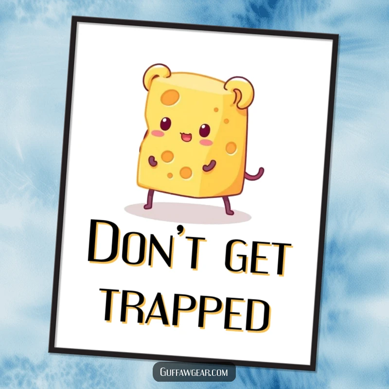 Funny poster art showing a piece of cheese with legs frantically trying to escape an absurdly small mouse trap, creating a humorous and attention-grabbing display.