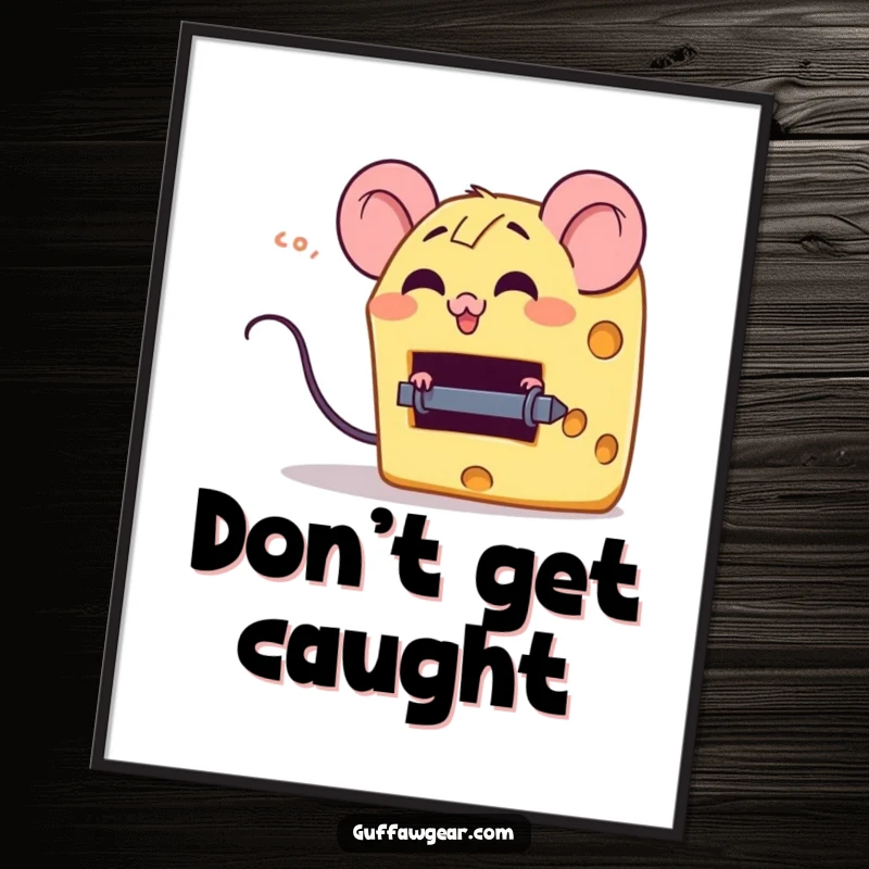 Funny poster featuring a giggling cheese wedge character escaping a small mouse trap, perfect for adding food-themed humor to walls.