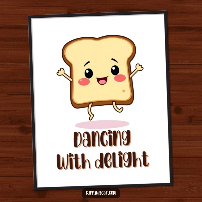 Funny slice of toast with legs performing a frantic dance, showcased as lively and humorous wall art for a cheerful home.