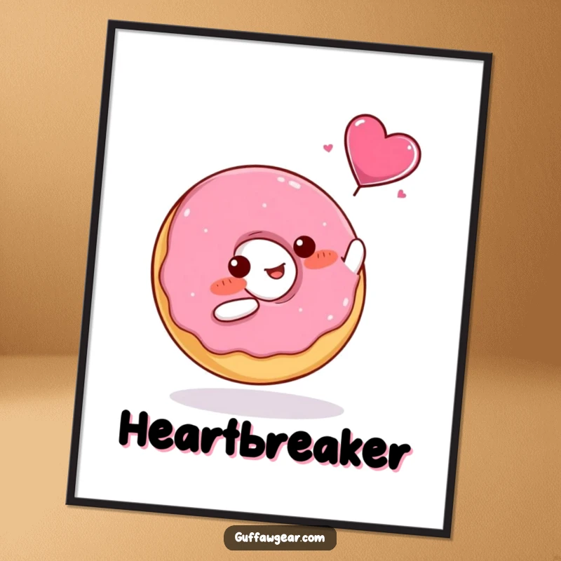 Funny Poster of a blushing donut catching a flying candy heart, perfect for sweet decor.