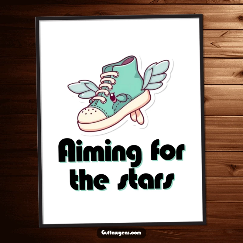 Funny shoe character with mismatched wings comically attempting flight, displayed as whimsical and humorous wall art for dreamers.