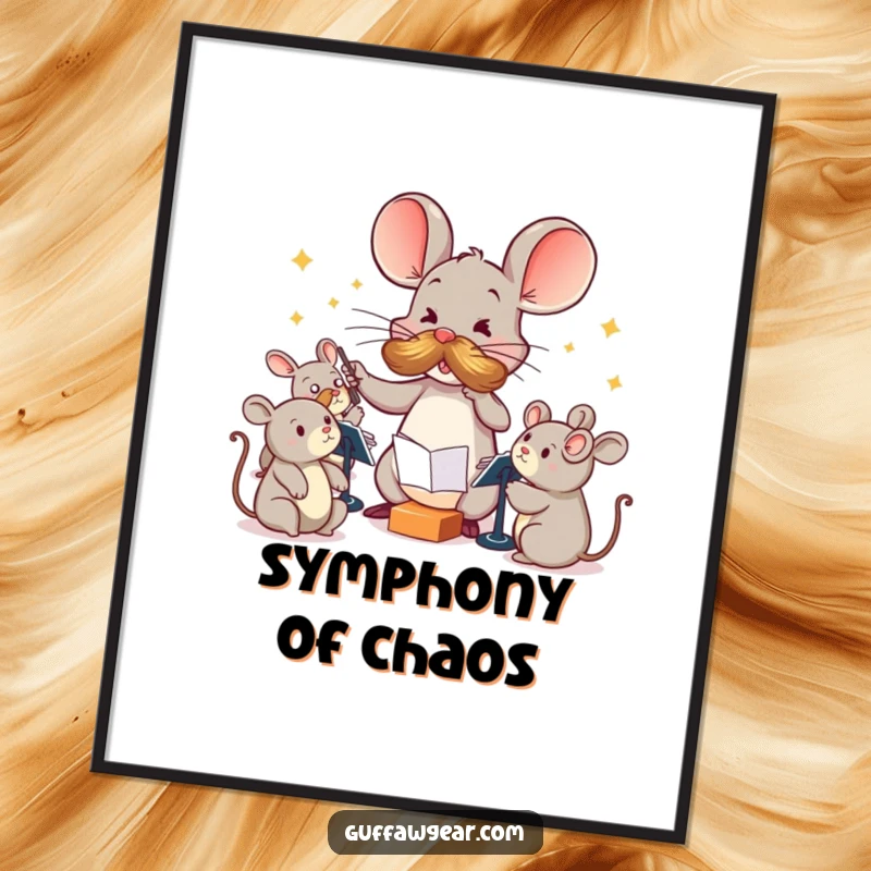 Funny Maestro Mouse Poster: A mouse with a large mustache comically leads squeaking toys, creating humorous wall art.