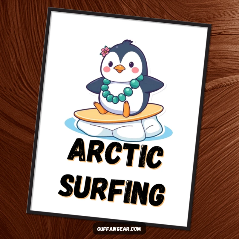 Funny Penguin Tropical Fail Poster: A penguin in a lei comically slides down an ice floe, creating humorous wall art.