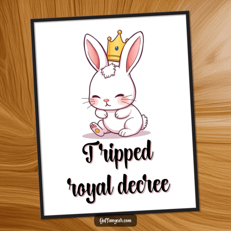 Funny Rabbit Poster displaying a cute rabbit wearing a tiny crown, hilariously tripping over its ears.