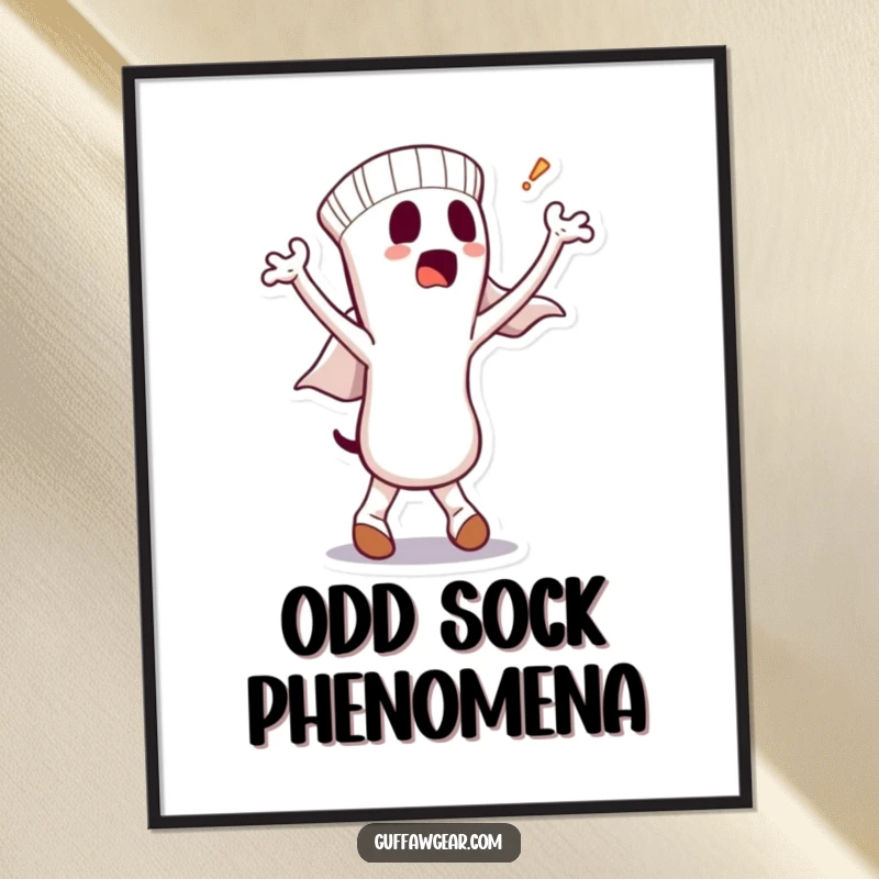 Funny poster art of a dancing sock character with a bewildered ghost emerging, designed to bring humor and personality to any space.