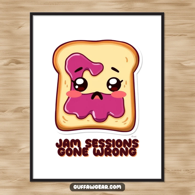 Funny piece of toast with jam running down its face, looking startled, on a colorful poster.
