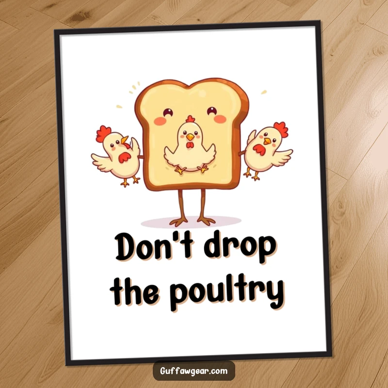 Funny Poster print of a toast with legs, enthusiastically juggling three rubber chickens, creating a visually comical and engaging display.