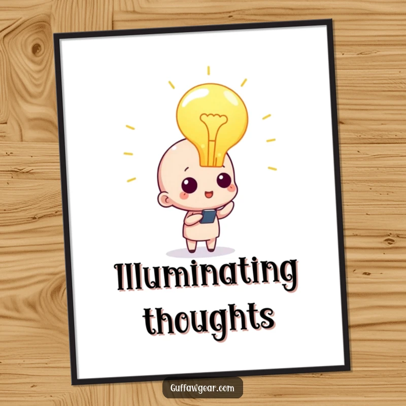 Funny lightbulb moment poster, depicting a character with a giant glowing lightbulb, representing creativity and brilliant inspiration.