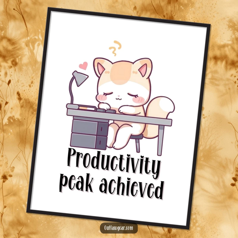 Funny sleeping fox poster print, depicting a fox napping at its office desk, adding a touch of humor to any room.