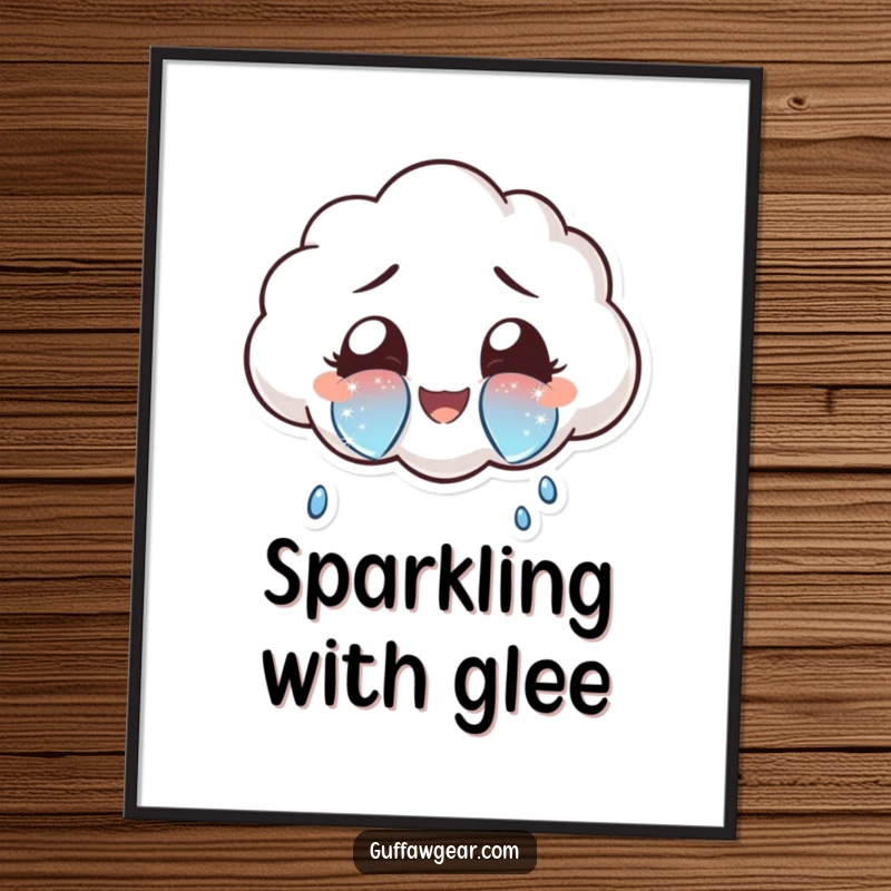Funny cloud character crying oversized, sparkly tears of joy, presented as beautiful and humorous wall art.