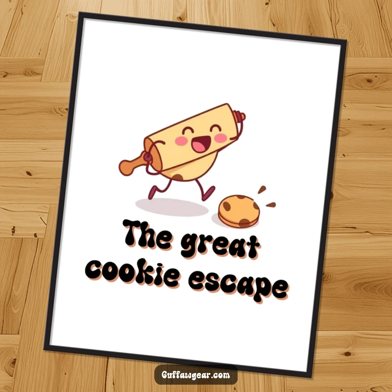 Funny poster art of a rolling pin character excitedly chasing a fleeing cookie, adding humorous baking action to decor.