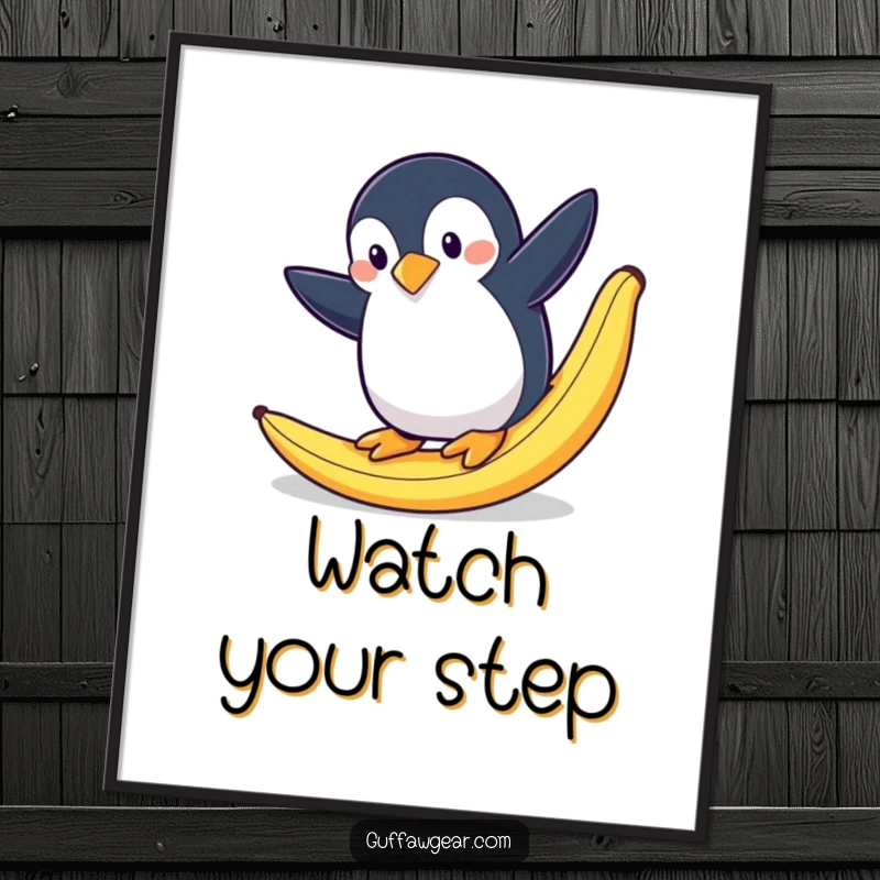 Funny poster depicting a penguin dramatically slipping on a banana peel, frozen in a moment of comical chaos.