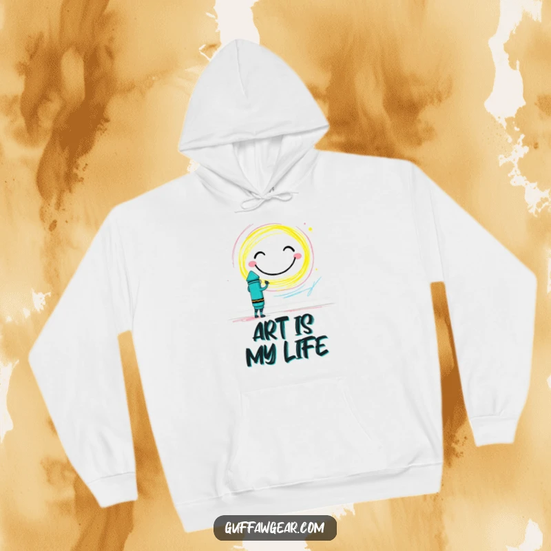 Funny Crayon Hoodie: A brave crayon character drawing an enormous smiley face on a wall, spreading warmth and cheer.