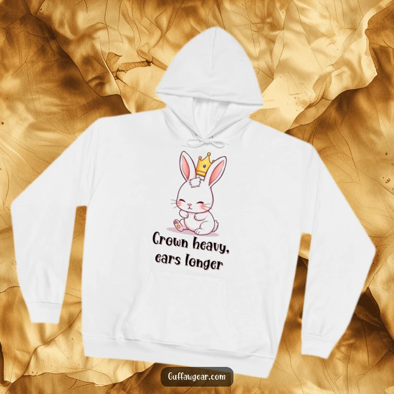 Funny Rabbit Hoodie depicting a cute rabbit wearing a tiny crown, hilariously falling over its long ears.