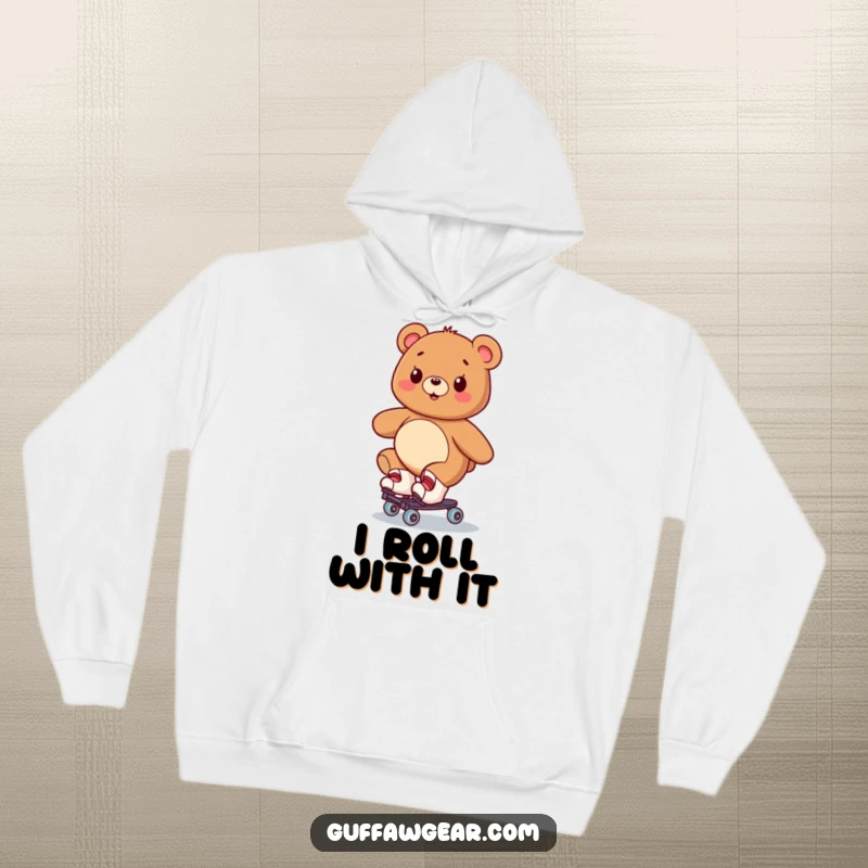 Funny and warm hoodie featuring a happy bear on roller skates, wobbling precariously but with a huge smile.