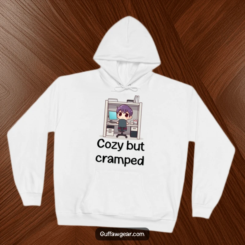 Funny character hoodie showing a person comically trying to fit into an extremely small office cubicle, perfect for cozy humor.